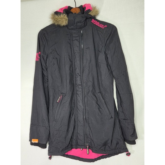 Superdry Jackets & Blazers - Superdry Women's Black Pink Fur‎ Hood Parka Jacket Coat xs